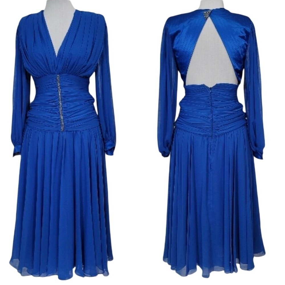 Stephan Caras Vintage Royal Blue Ruched Rhinestone Open‎ Back Chiffon Gown